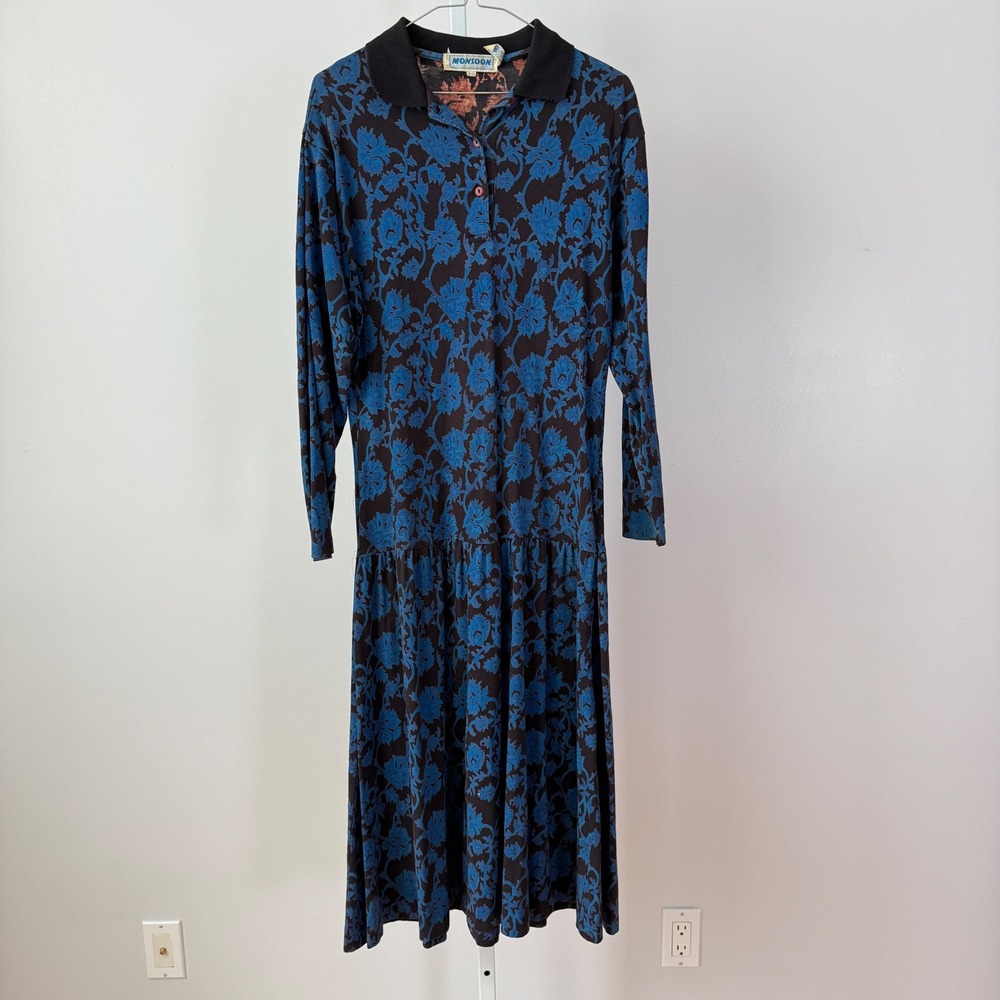 VTG Monsoon Blue Floral Retro Midi Dress sz 10/12 Lagenlook Wearable art